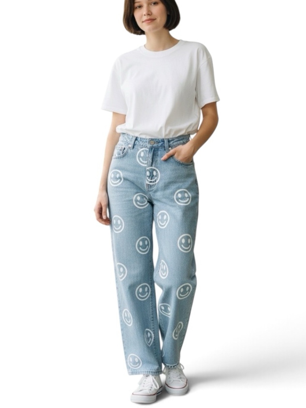 Fashion Nova Light Blue Smile Happy Face Women's Jeans High Rise Size 9 Tall